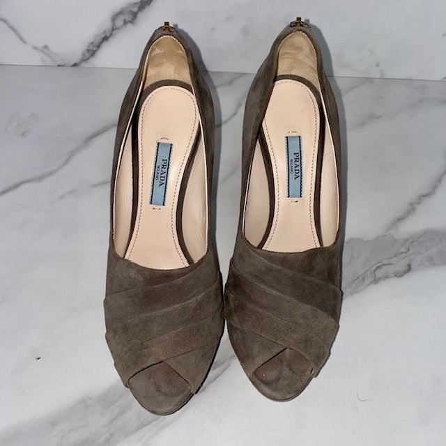 Prada Taupe Suede Peep Toe Pumps Size 7 - Sandy's Savvy Chic Resale Boutique