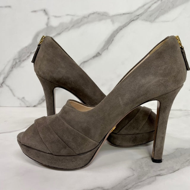 Prada Taupe Suede Peep Toe Pumps Size 7 - Sandy's Savvy Chic Resale Boutique