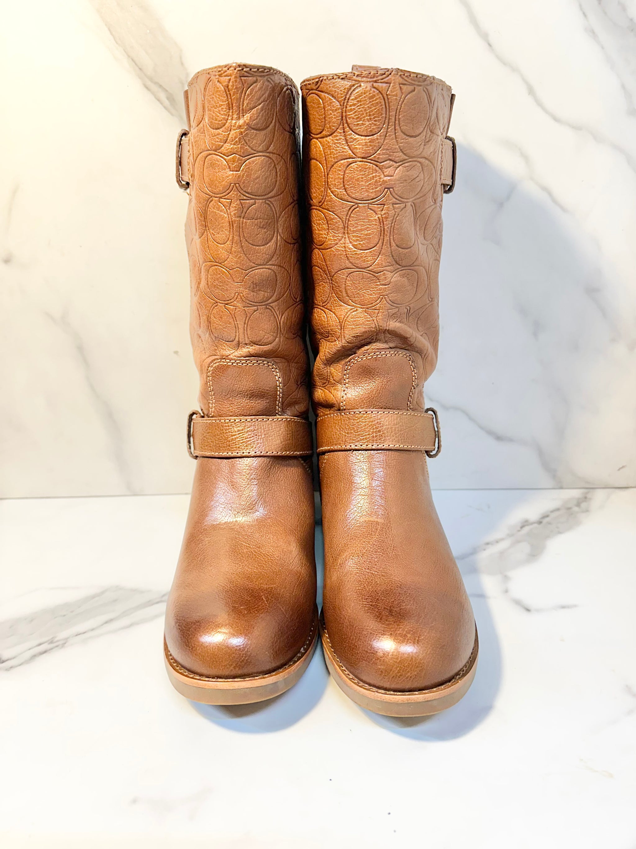 WOMENS Coach Virginia Logo Embossed Brown Boots – Sandy display picture 1